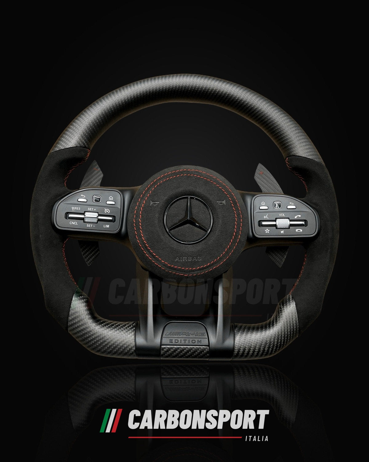 Volante carbonio opaco e Alcantara con cuciture rosse, compatibile Mercedes