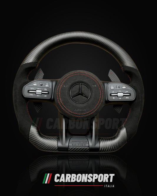 Volante carbonio opaco e Alcantara con cuciture rosse, compatibile Mercedes