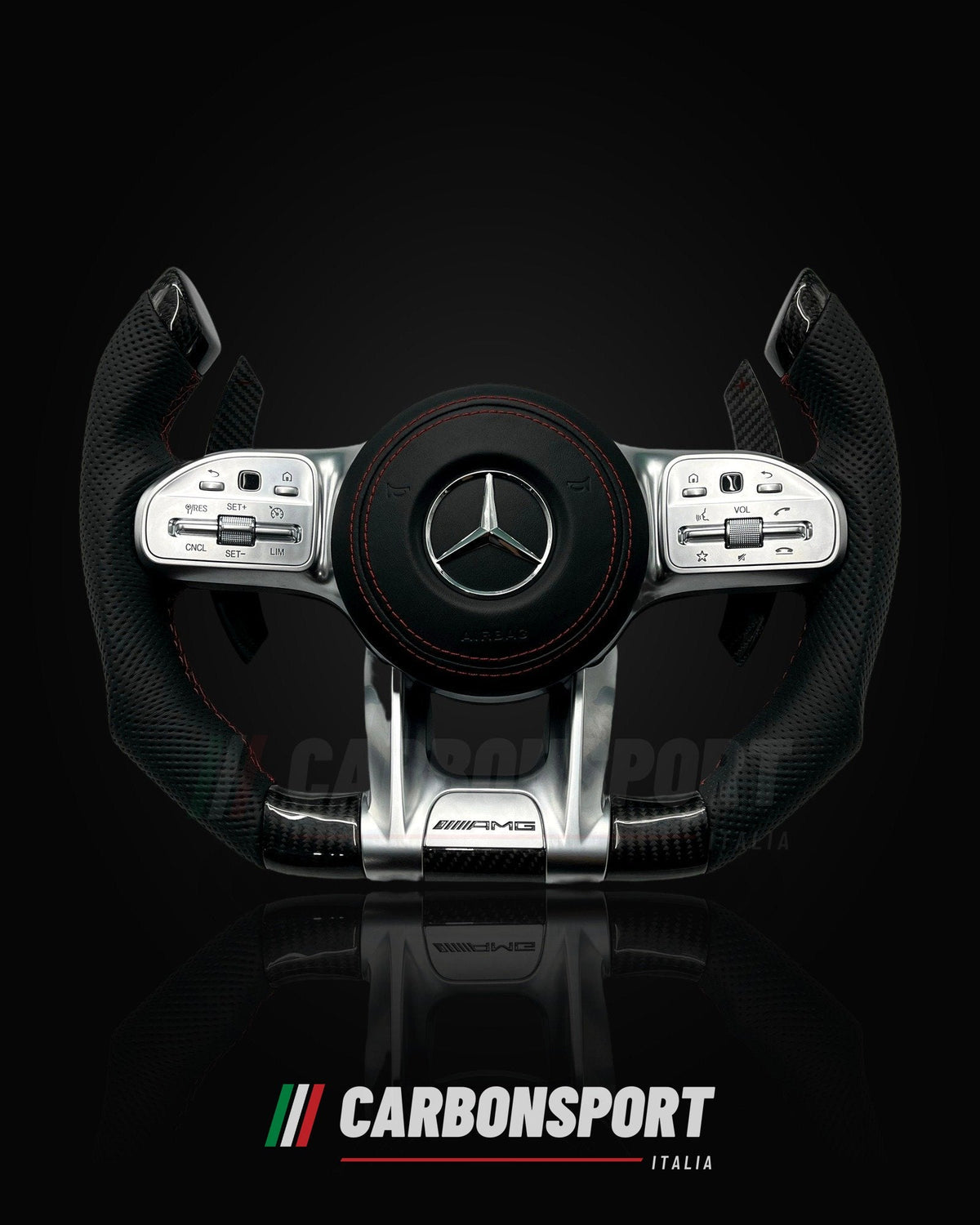 Volante yoke in pelle e carbonio con razze argento, compatibile Mercedes