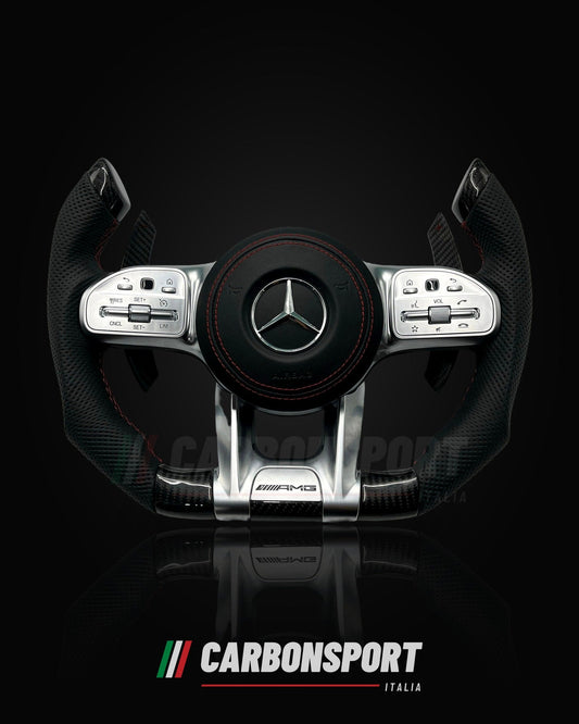 Volante yoke in pelle e carbonio con razze argento, compatibile Mercedes