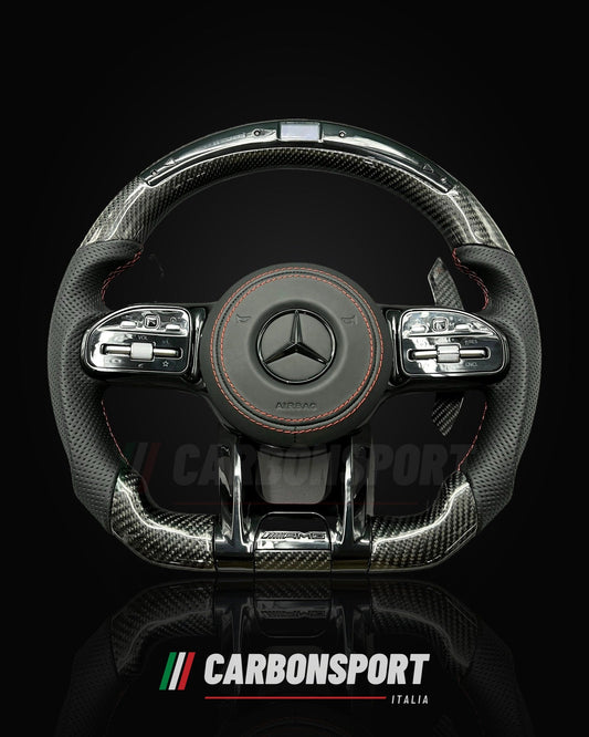 Volante carbonio e pelle con display LED e cuciture rosse, compatibile Mercedes