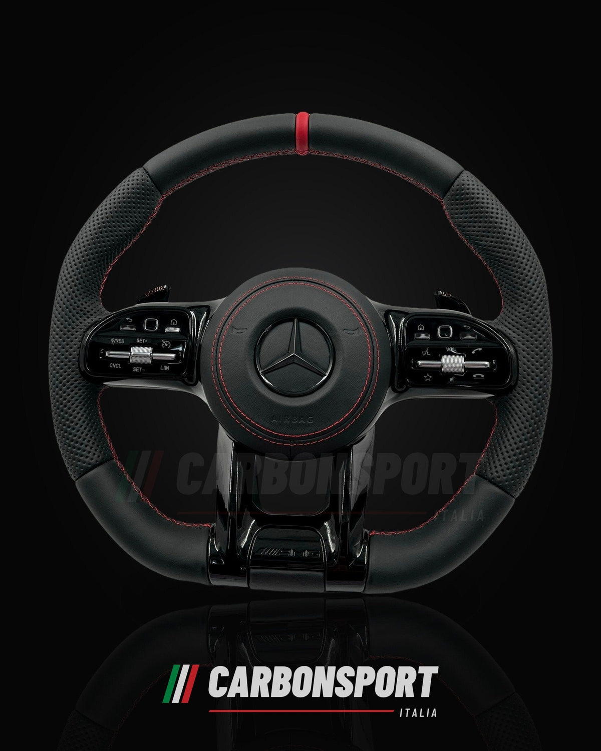 Volante pelle nera con linea rossa, compatibile Mercedes