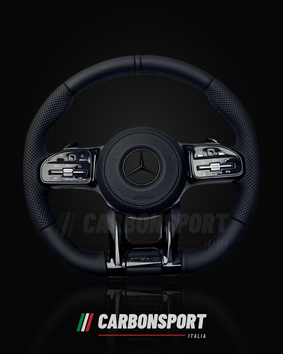 Volante full black in pelle, vista frontale