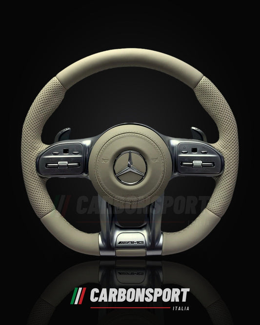 Volante pelle beige con razze argento, compatibile Mercedes