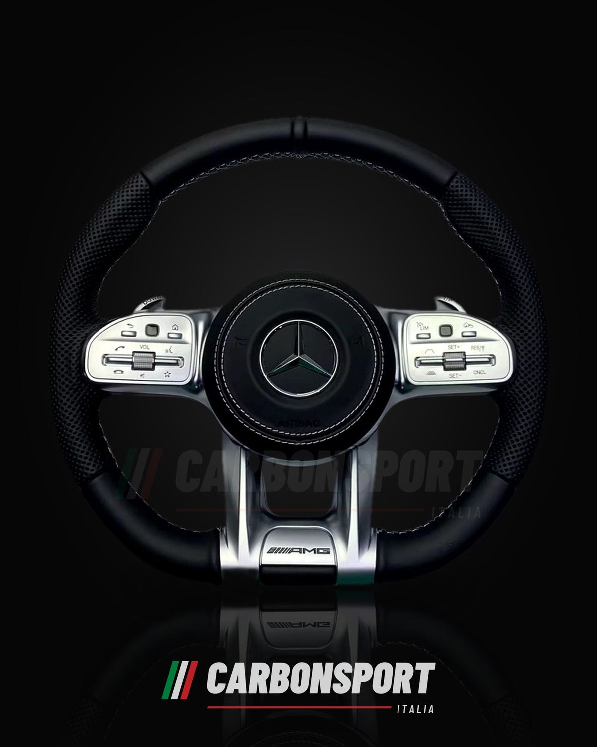 Volante pelle nera con razze argento, compatibile Mercedes