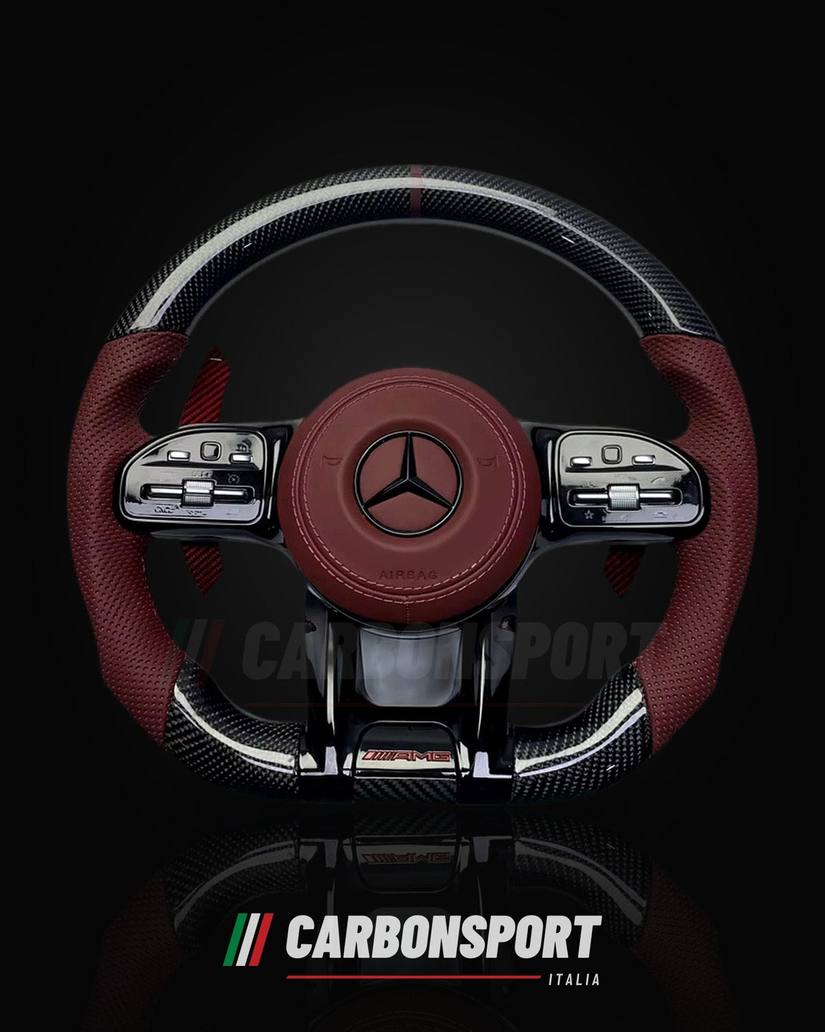 Volante carbonio e pelle bordeaux con palette rosse, compatibile Mercedes