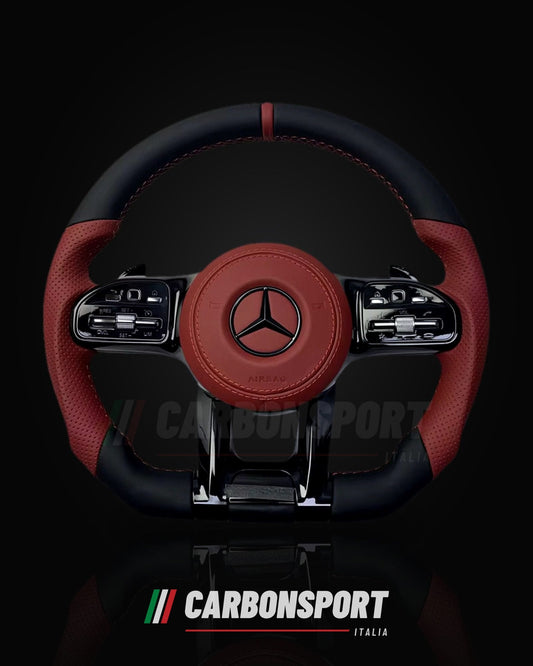 Volante pelle nera e rossa con linea rossa, compatibile Mercedes
